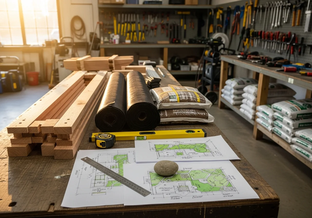 Landscape design tools and materials on a work surface, ready for outdoor project installation.