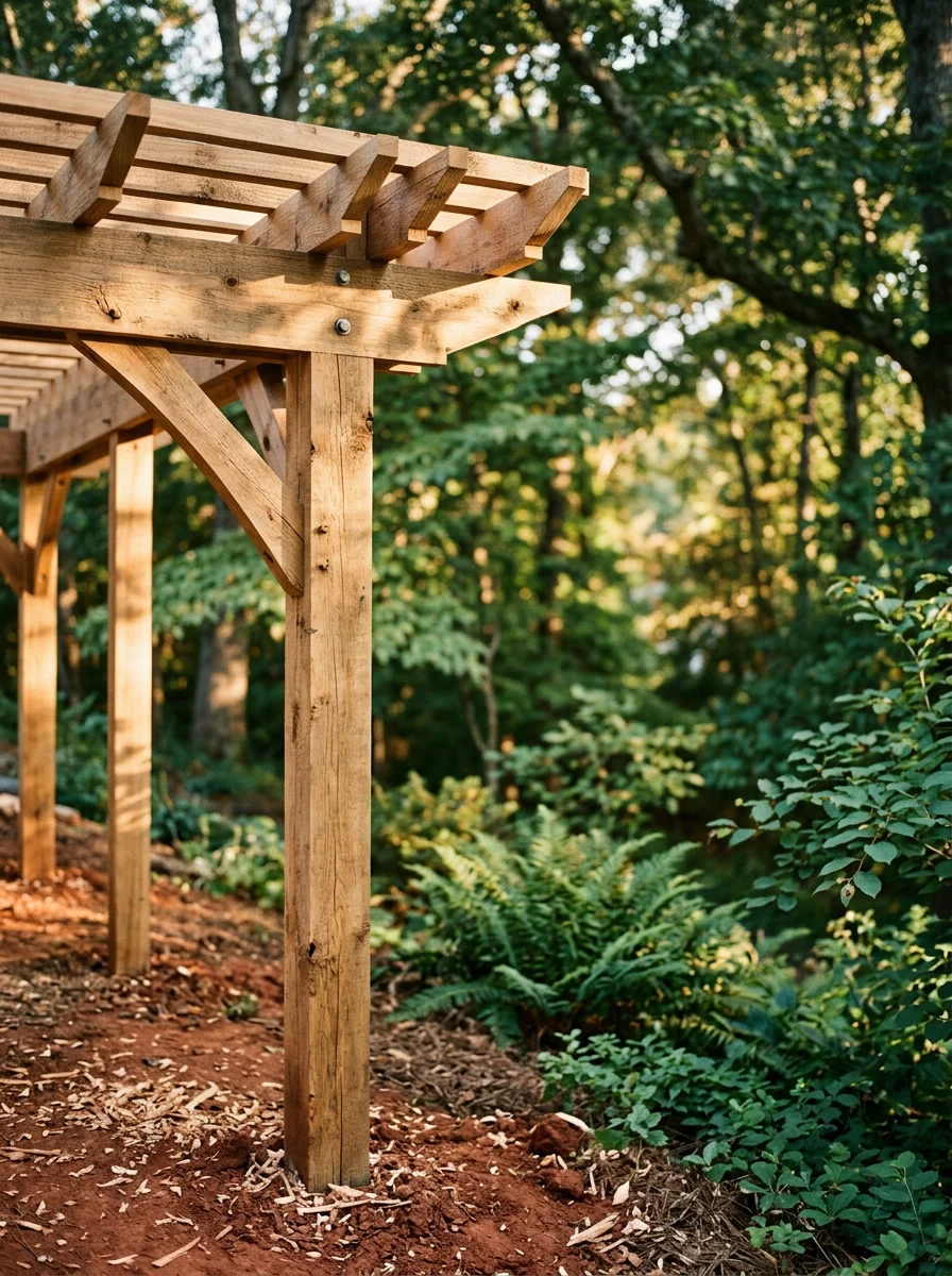 Custom pergola and arbor installation on a sloped Chapel Hill property with clay soil and native understory plantings