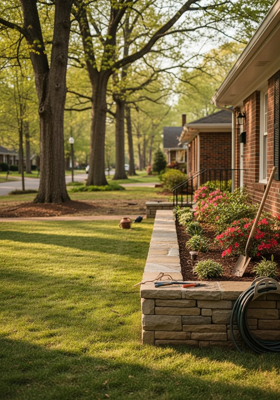 Technician working on a Durham home's exterior with neighborhood homes visible in the background.