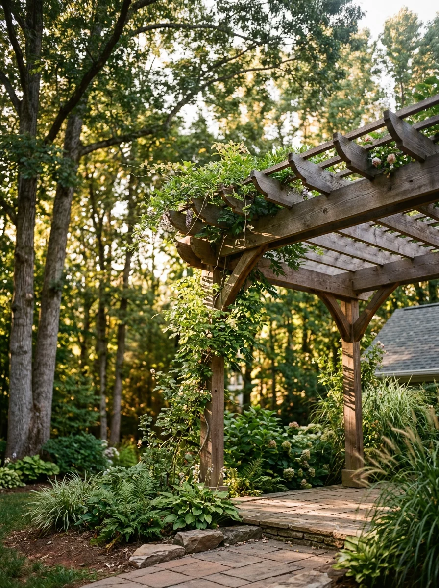 Pergola structure over patio in Greensboro residential yard with clay soil and mature trees