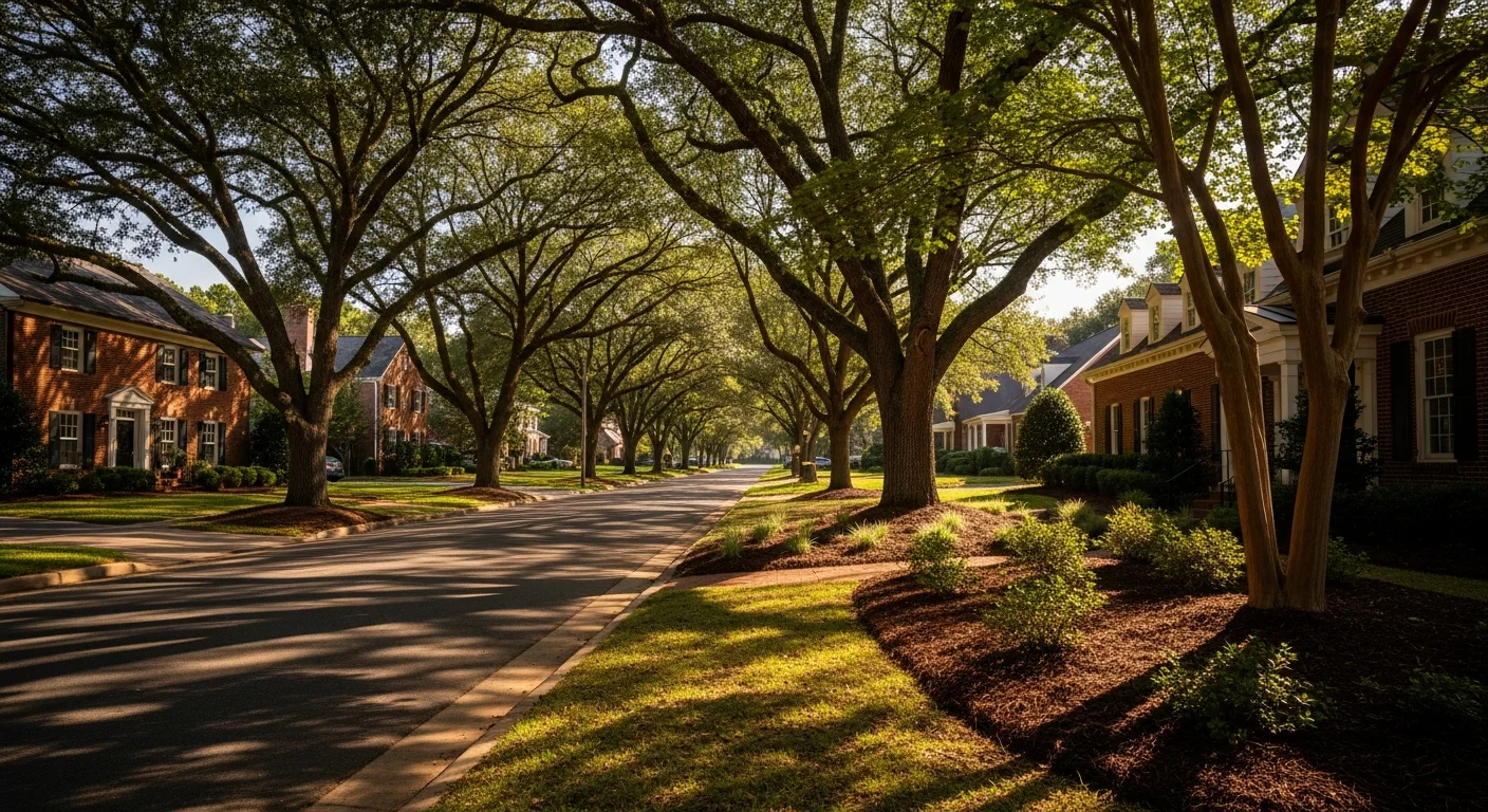 Wide view of Chapel Hill residential street with mature trees and brick homes typical of Orange County neighborhoods.