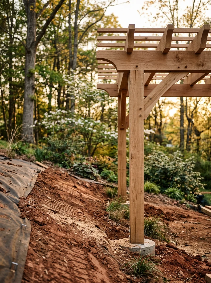 Custom pergola and arbor installation on sloped Piedmont terrain with clay soil grading