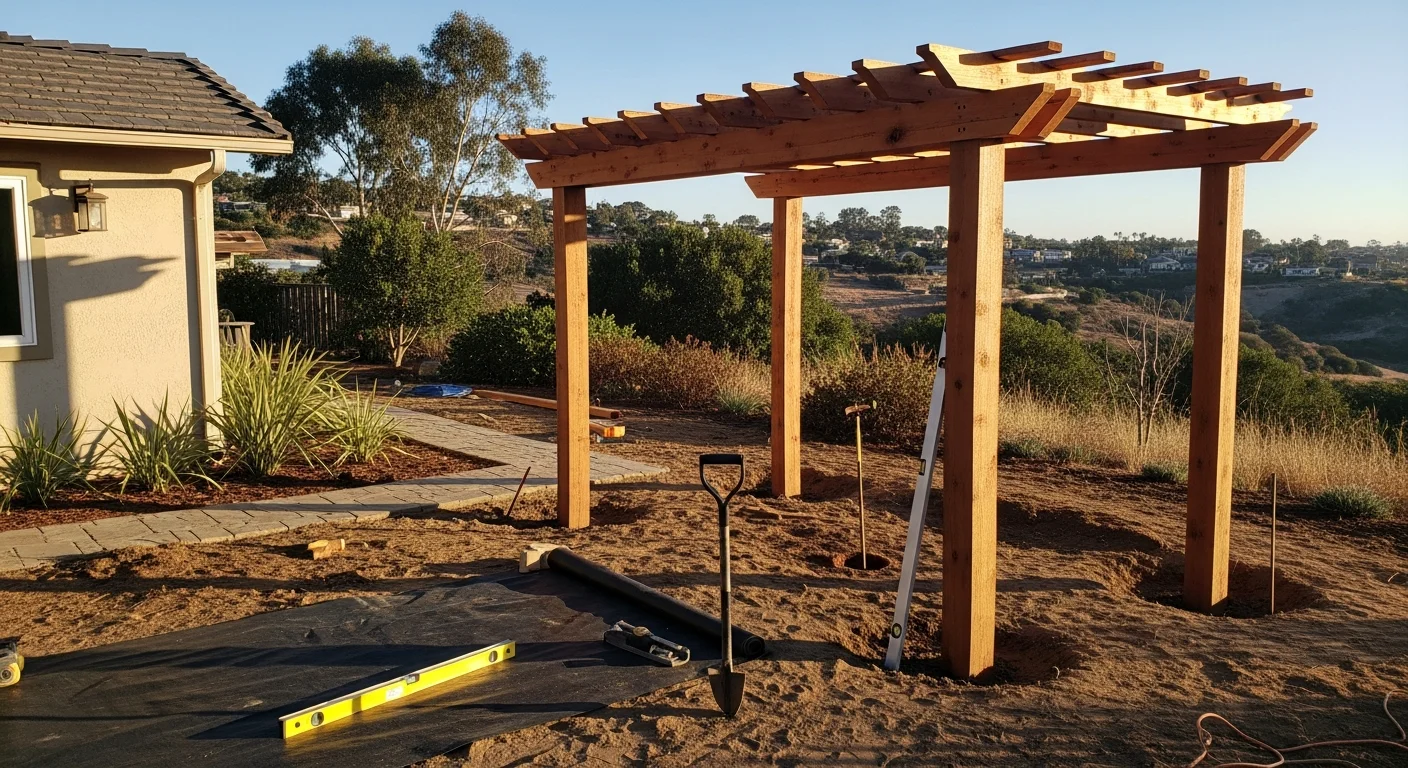 A custom wood arbor installed in an Orange County backyard, positioned along a garden path with clean post lines and an open overhead frame. The structure sits against a warm-toned stucco home exterior with drought-adapted plantings along the base.