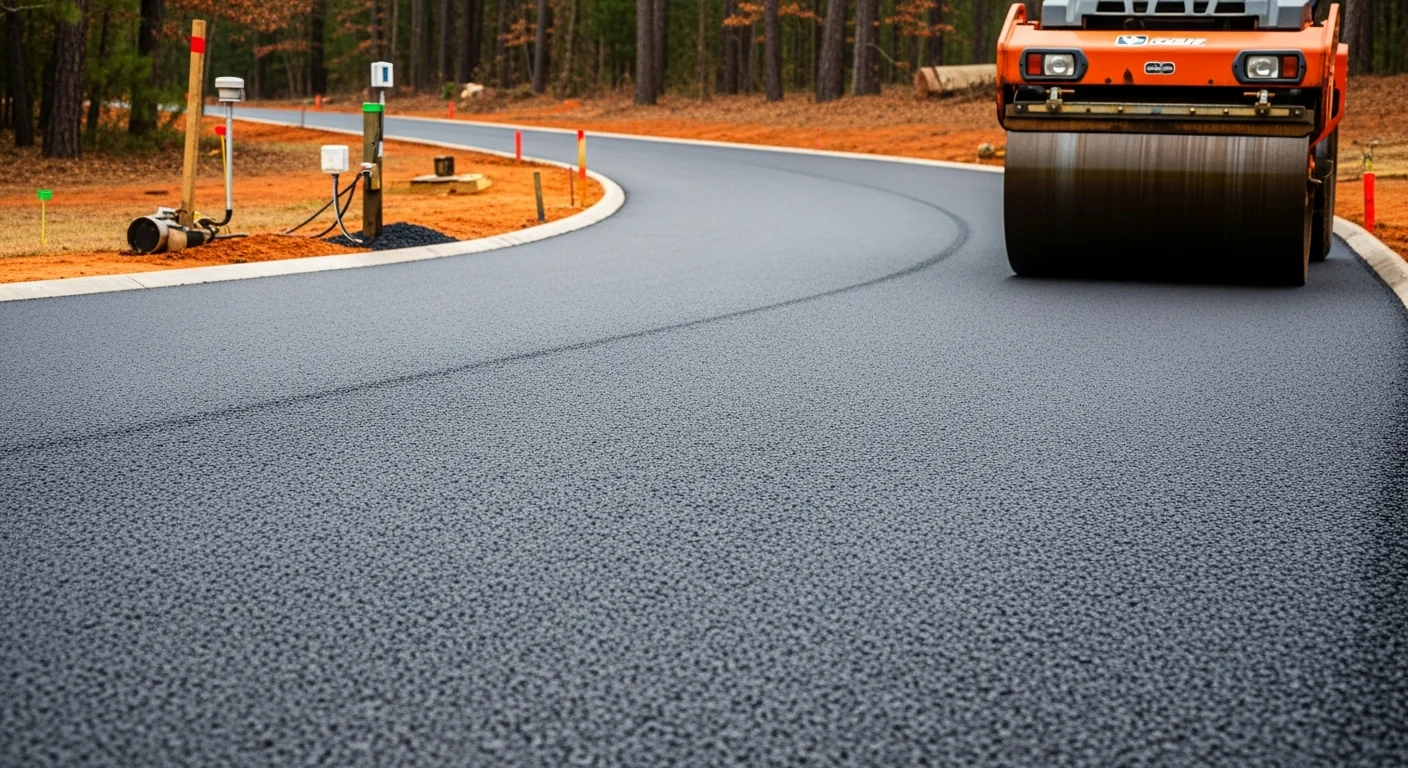 Freshly installed black asphalt driveway at a single-family home in Orange County, California, with clean straight edges and a smooth compacted surface leading to a two-car garage. Bright Southern California sunlight reflects off the finished surface, showing even grading and no visible cracking or pooling.