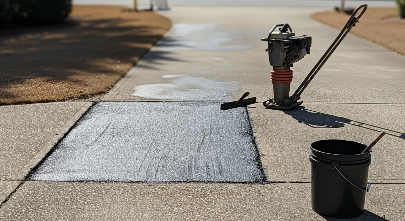 A freshly repaired residential asphalt driveway in Orange County showing smooth, dark pavement with no visible cracks or potholes. The repaired surface contrasts with the surrounding weathered pavement, showing the result of professional crack filling and patching work.