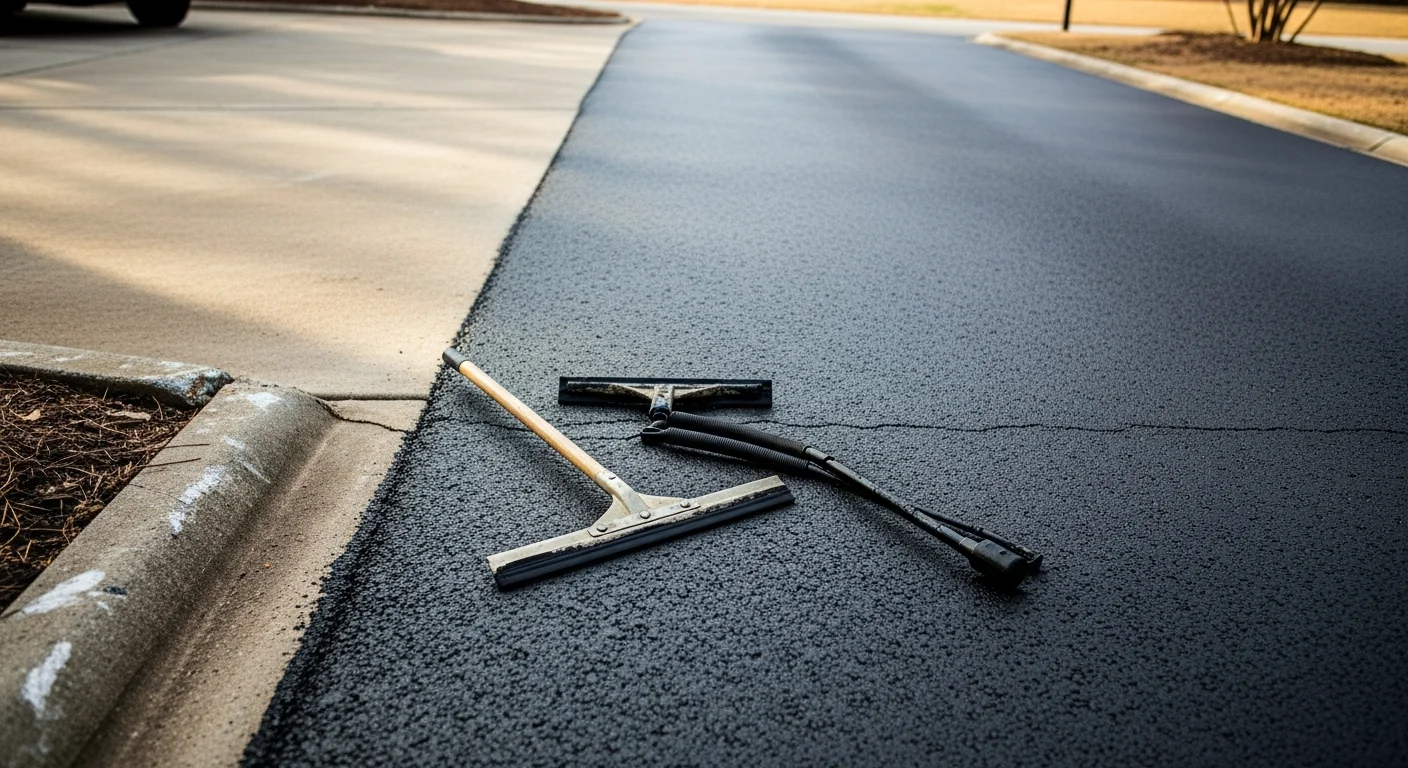 A freshly seal-coated residential asphalt driveway in Orange County showing a smooth, dark, uniform surface with clean edges. The pavement contrasts with the surrounding concrete curb and reflects the bright Southern California sunlight.