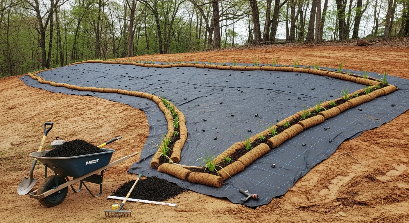 A stabilized sloped backyard in Orange County with established ground-cover vegetation and mulched soil holding a hillside in place. Close view shows healthy root coverage and no visible gullies or bare patches after erosion control treatment by Terra Forge Designs.