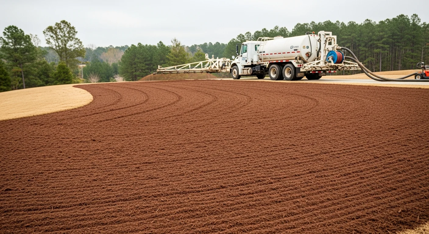 A freshly hydroseeded residential lawn in Orange County, California, showing an even green layer of mulch and seed slurry applied across a graded yard. A low slope runs along the property edge, with dry Southern California soil visible at the border of the treated area.