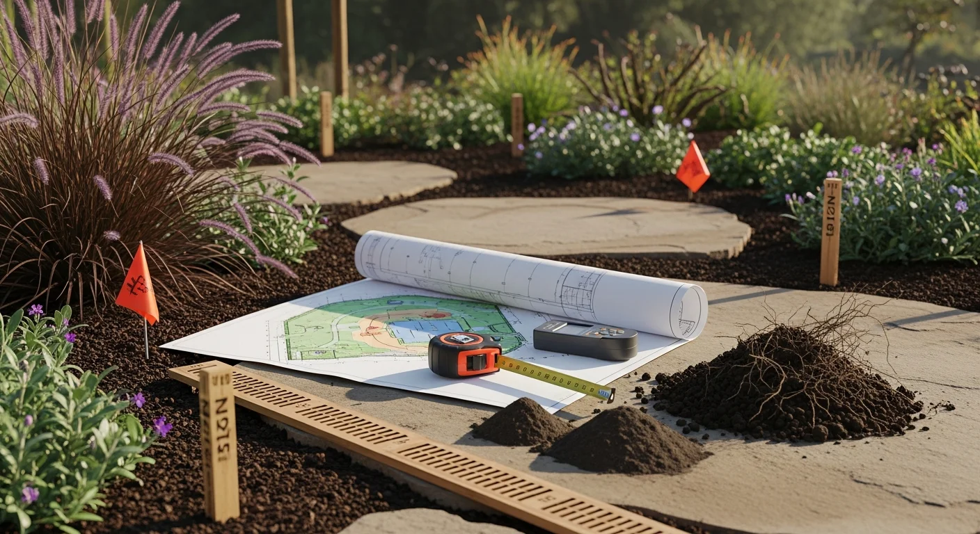 A Terra Forge Designs landscape designer reviewing site conditions with a homeowner in an Orange County backyard during a consultation visit. The yard shows existing lawn, mixed plantings, and a patio area under review for redesign.