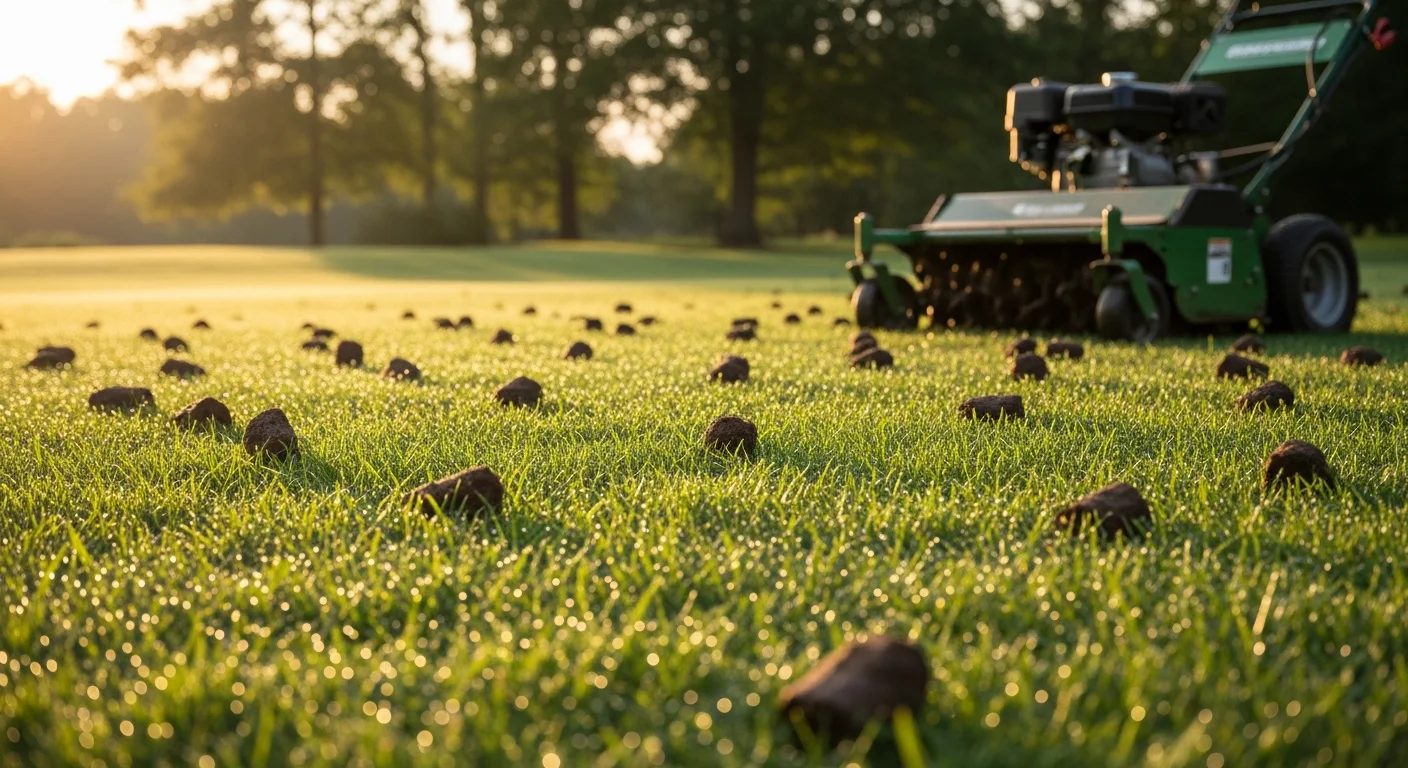A core aeration machine moving across a residential lawn in Orange County, California, leaving rows of small soil plugs on the grass surface. The surrounding turf shows signs of clay soil compaction, with a suburban home and dry summer sky visible in the background.