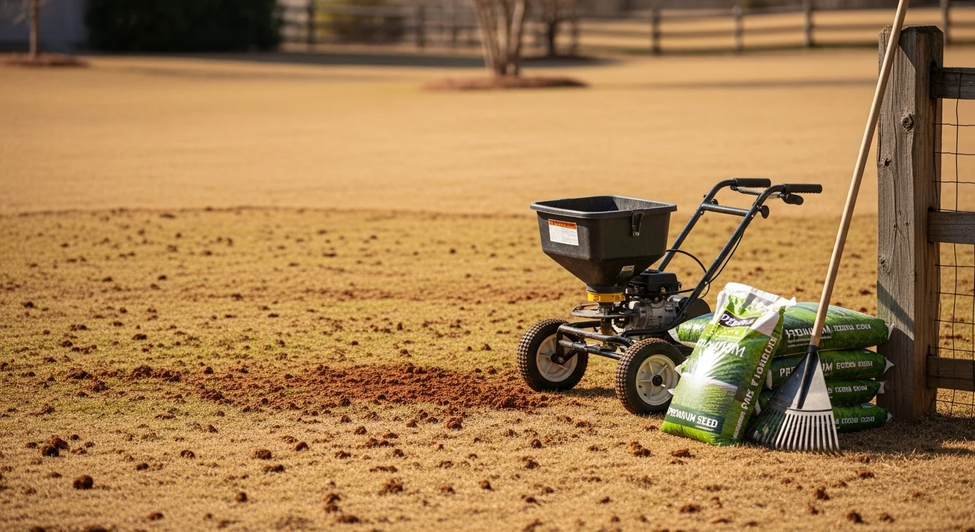 A restored residential lawn in Orange County with dense, evenly green turf replacing previously bare and patchy areas. A lawn care technician from Terra Forge Designs applies topdressing across the turf surface on a sunny Southern California day.