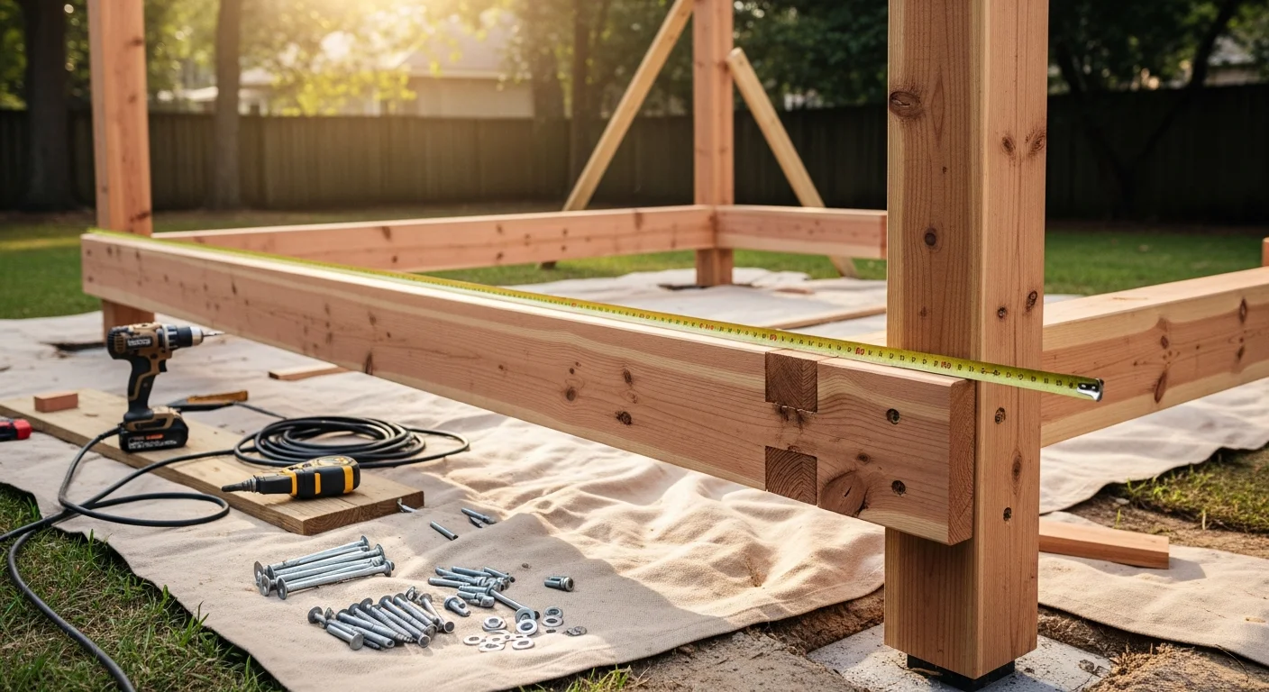 A custom pergola installed in an Orange County backyard, featuring clean post-and-beam framing over a paved patio with open sky visible through the overhead structure. The design connects directly to the home's exterior wall and complements the surrounding landscape.