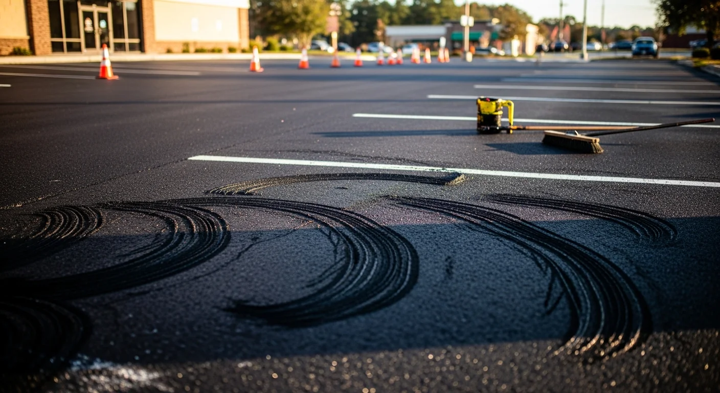 A freshly sealcoated and restriped commercial parking lot in Orange County, California, with clearly marked stalls, bright white lines, and smooth dark asphalt surface. The lot serves a mid-size commercial property under clear Southern California skies.