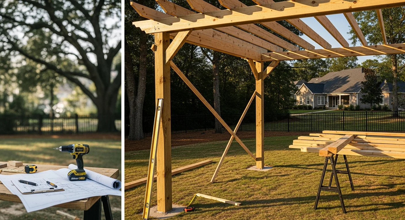 A custom pergola installed over a paver patio in an Orange County backyard, designed by Terra Forge Designs as part of a full landscape plan. The structure defines an outdoor dining area with clean post lines and an open beam roof suited to the Southern California climate.