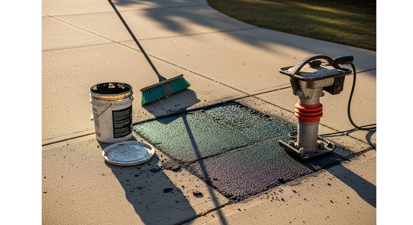 A freshly patched asphalt pothole in an Orange County commercial parking lot, with a smooth, compacted surface flush with the surrounding pavement. The repaired area shows clean edges where damaged asphalt was removed and replaced by an asphalt contractor.